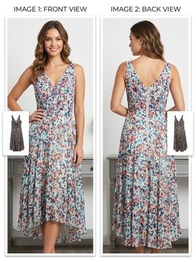 Anthropologie Floral V-Neck High-Low Midi Dress - Blue, Pink, Orange